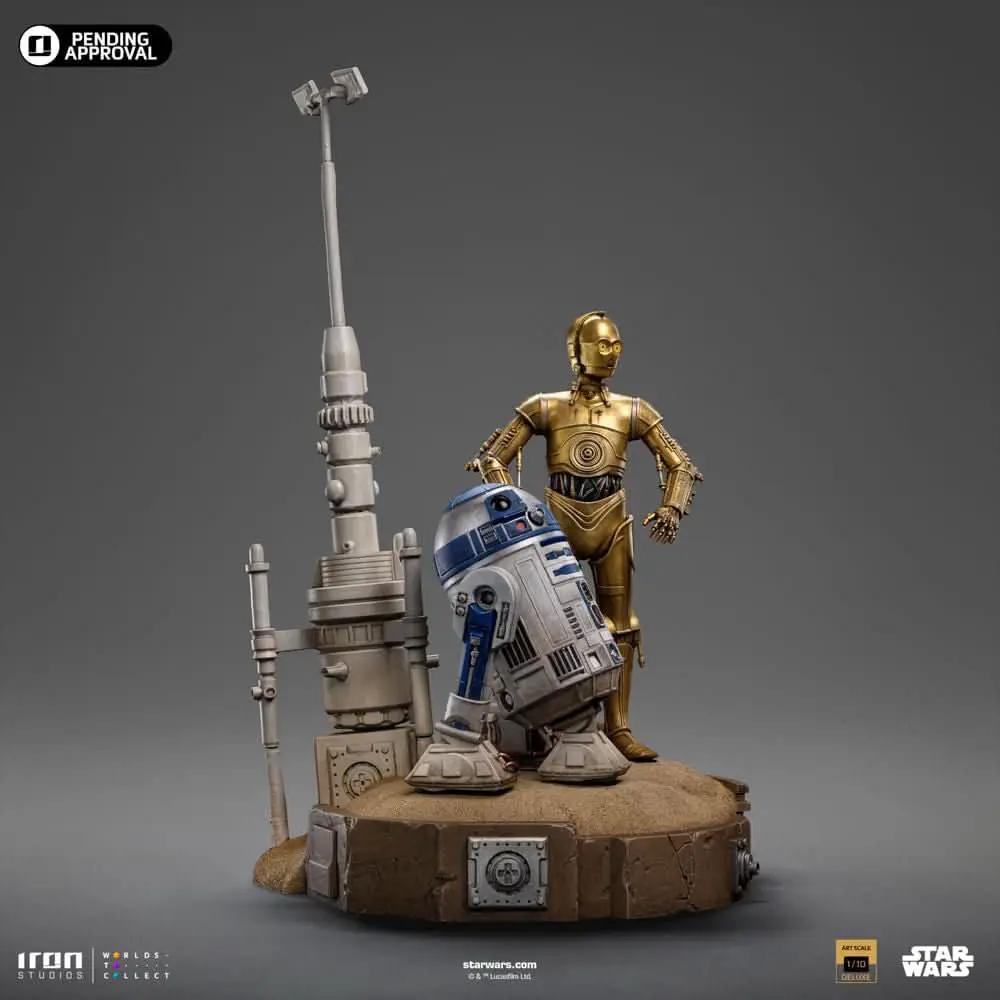 Statue set: C-3PO and R2-D2 (two droids) in 1/10 scale by Iron Studios, Star Wars on desert base.