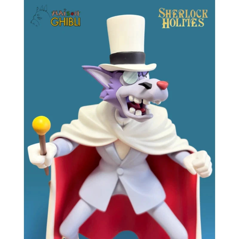 Statue Moriarty figure; purple wolf in white suit with red-lined cape, top hat, and yellow-topped baton.