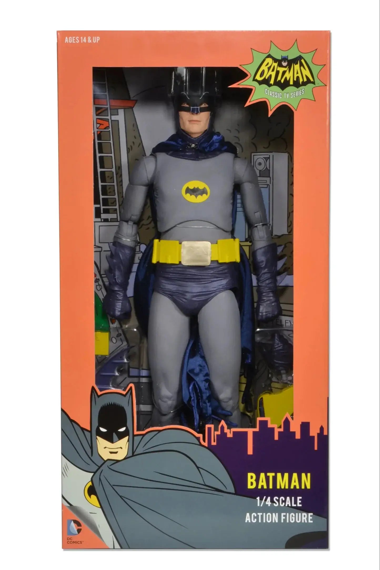 Figura de acción Batman 1966 NECA, 1/4 escala (45 cm), traje gris con capa azul y cinturón amarillo