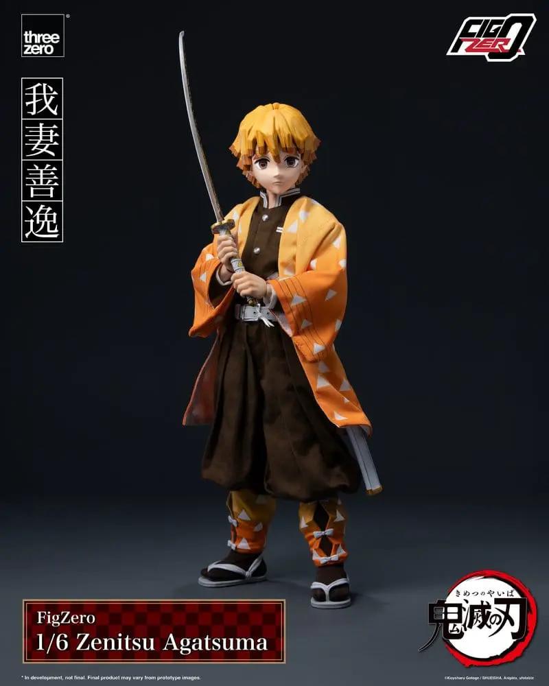FigZero 1/6 Zenitsu Agatsuma action figure by THREE ZERO, 28 cm, orange haori with white triangles and drawn sword.