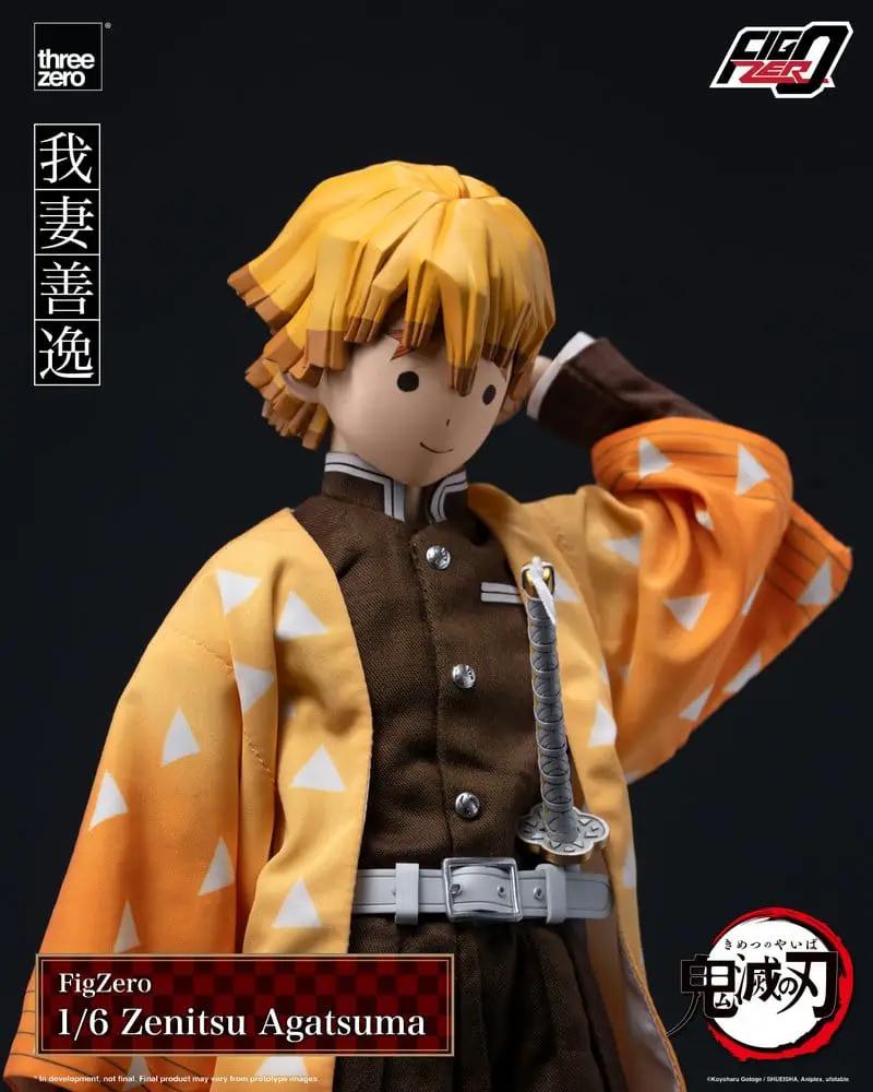 FigZero Zenitsu Agatsuma 1/6 action figure from Demon Slayer by THREE ZERO, 28 cm, orange haori with white triangles.