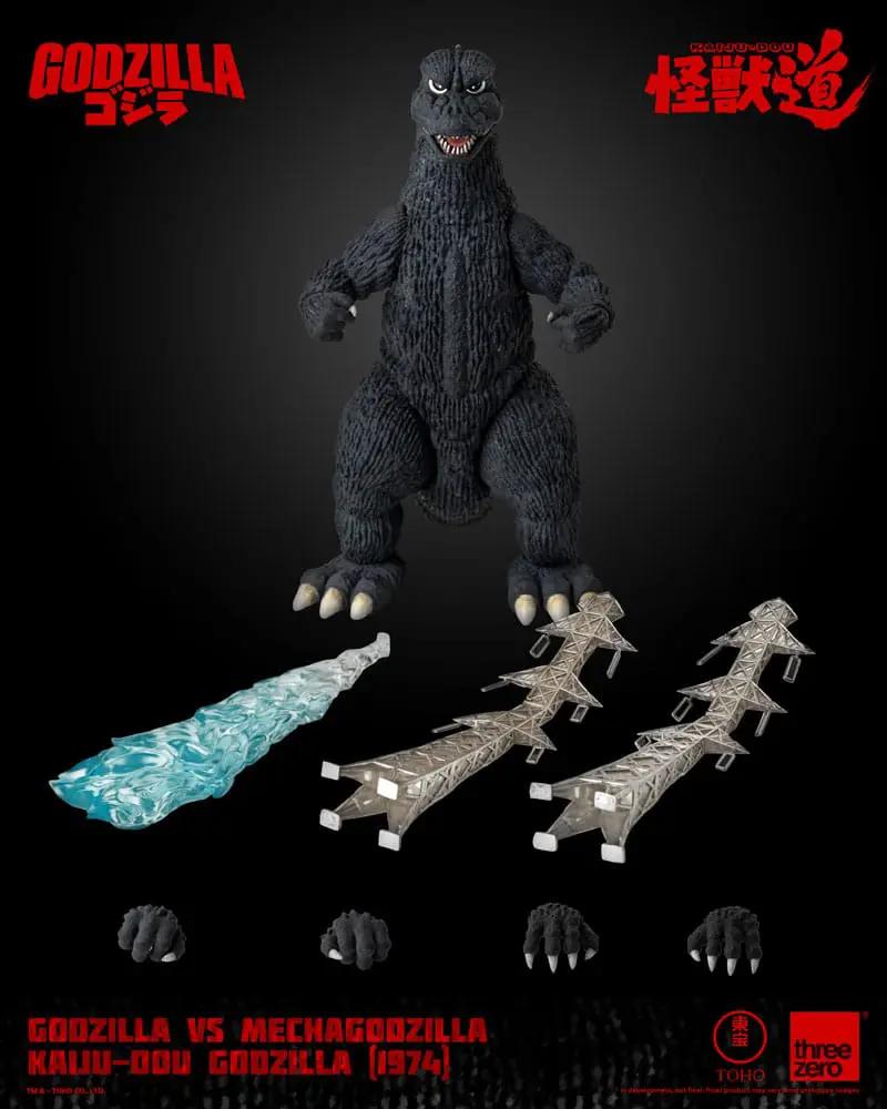 ThreeZero Godzilla vs Mechagodzilla (1974) 23 cm figure; dark gray Godzilla with blue accessory and extra parts