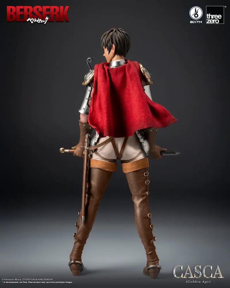 Figura de acción 1/6 Casca (Golden Age) de Berserk por THREE ZERO, con capa roja, armadura plateada y botas marrones.