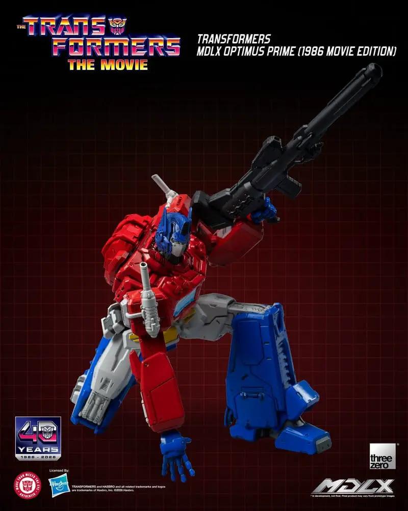 Figura de acción MDLX Optimus Prime (1986 Movie Edition), 18 cm, de THREE ZERO, en rojo y azul con rifle.