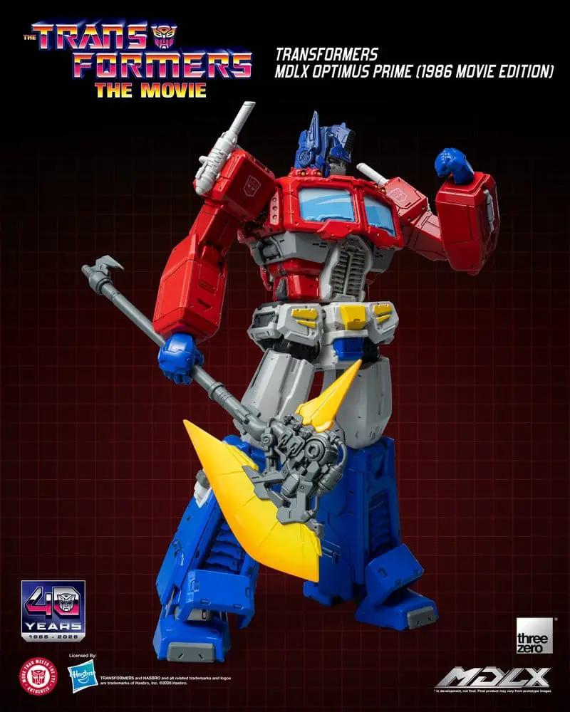 Figura MDLX Optimus Prime (1986 Movie Edition), 18 cm, THREE ZERO; robot rojo y azul con arma