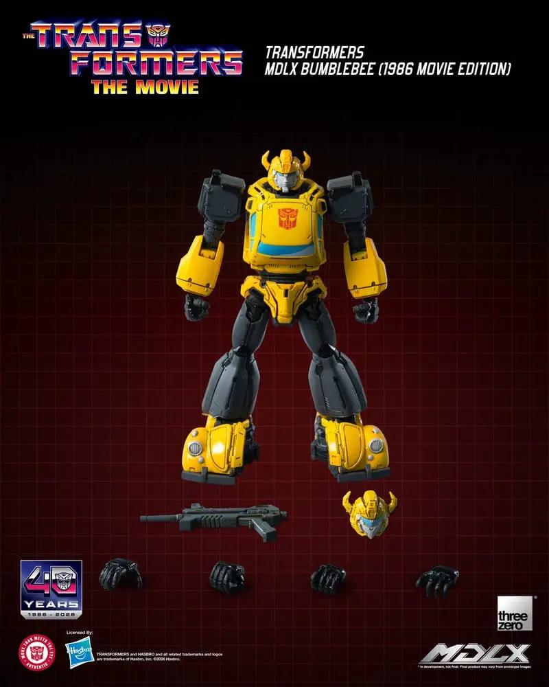 Figura MDLX Bumblebee 1986 Movie Edition, 12 cm, THREE ZERO, amarillo y negro con arma y accesorios intercambiables.
