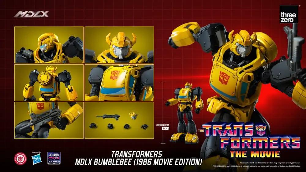Transformers MDLX Bumblebee action figure (1986 Movie Edition), 12 cm, by ThreeZero; yellow bot with Autobot logo.