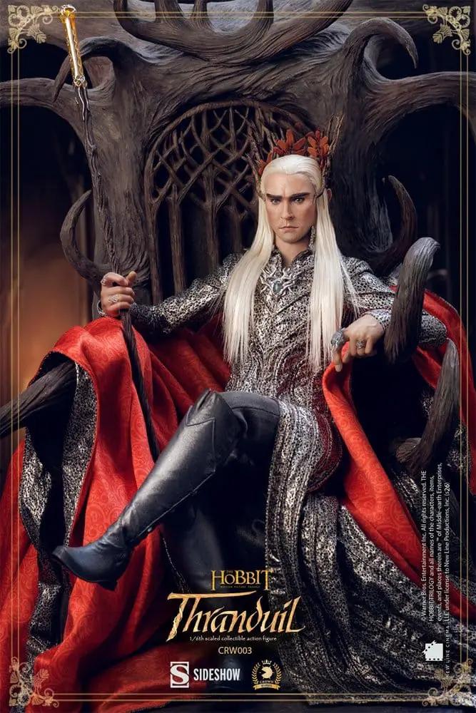 Figura de acción Thranduil 1/6, 30 cm, ASMUS TOYS; rey elfo con armadura plateada y capa roja en trono