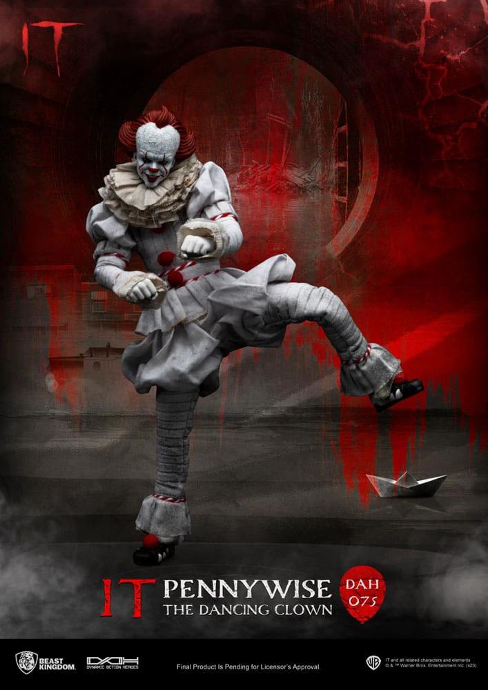 Pennywise action figure by Beast Kingdom, IT character, 21 cm tall, white suit with red accents.