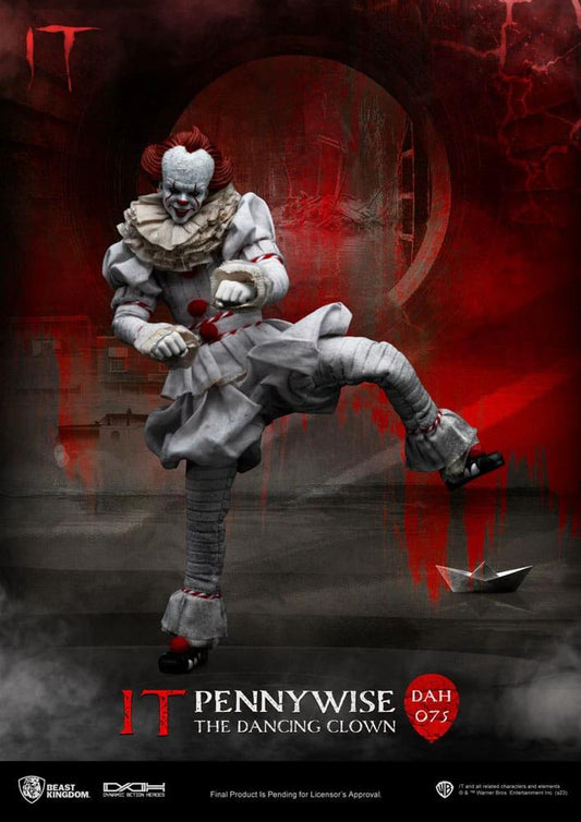 Pennywise action figure by Beast Kingdom, IT character, 21 cm tall, white suit with red accents.
