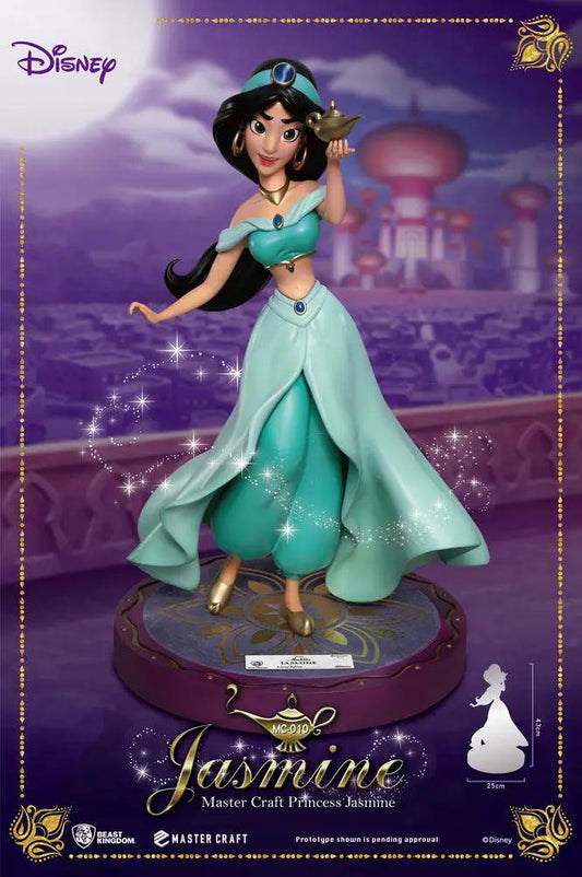 Beast Kingdom Disney Jasmine Master Craft estatua, 38 cm; Jasmine con vestido azul turquesa en base decorativa.