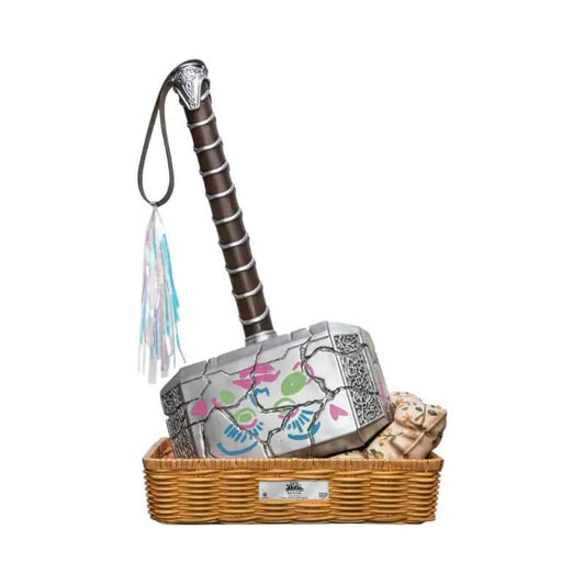 BEAST KINGDOM Marvel Thor Mjolnir Love Version 1:1 scale statue with brown handle and silver hammer in a wicker basket