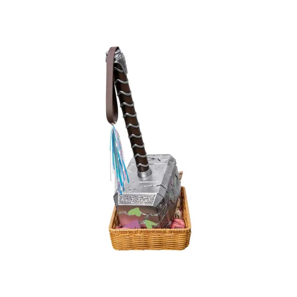 Mjolnir Love 1:1 Scale Statue by Beast Kingdom; brown leather-wrapped handle, silver head, blue tassel, in a wicker basket.