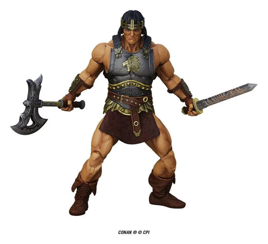 Conan Epic H.A.C.K.S. 1/12 action figure by Boss Fight Studio; gray armor, lion crest, wielding axe and sword.