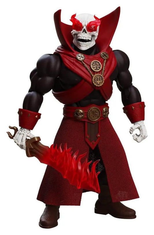 Figura de acción Conan el Bárbaro Thulsa Doom, Immortal Champions, 14 cm, Boss Fight Studio; espada en llamas rojas y capa roja