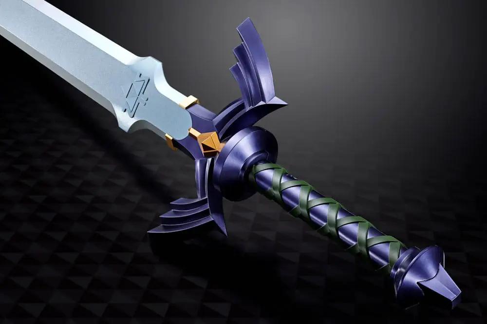 Master Sword Proplica replica by Bandai, 105 cm collectible sword with purple guard and green-wrapped grip.