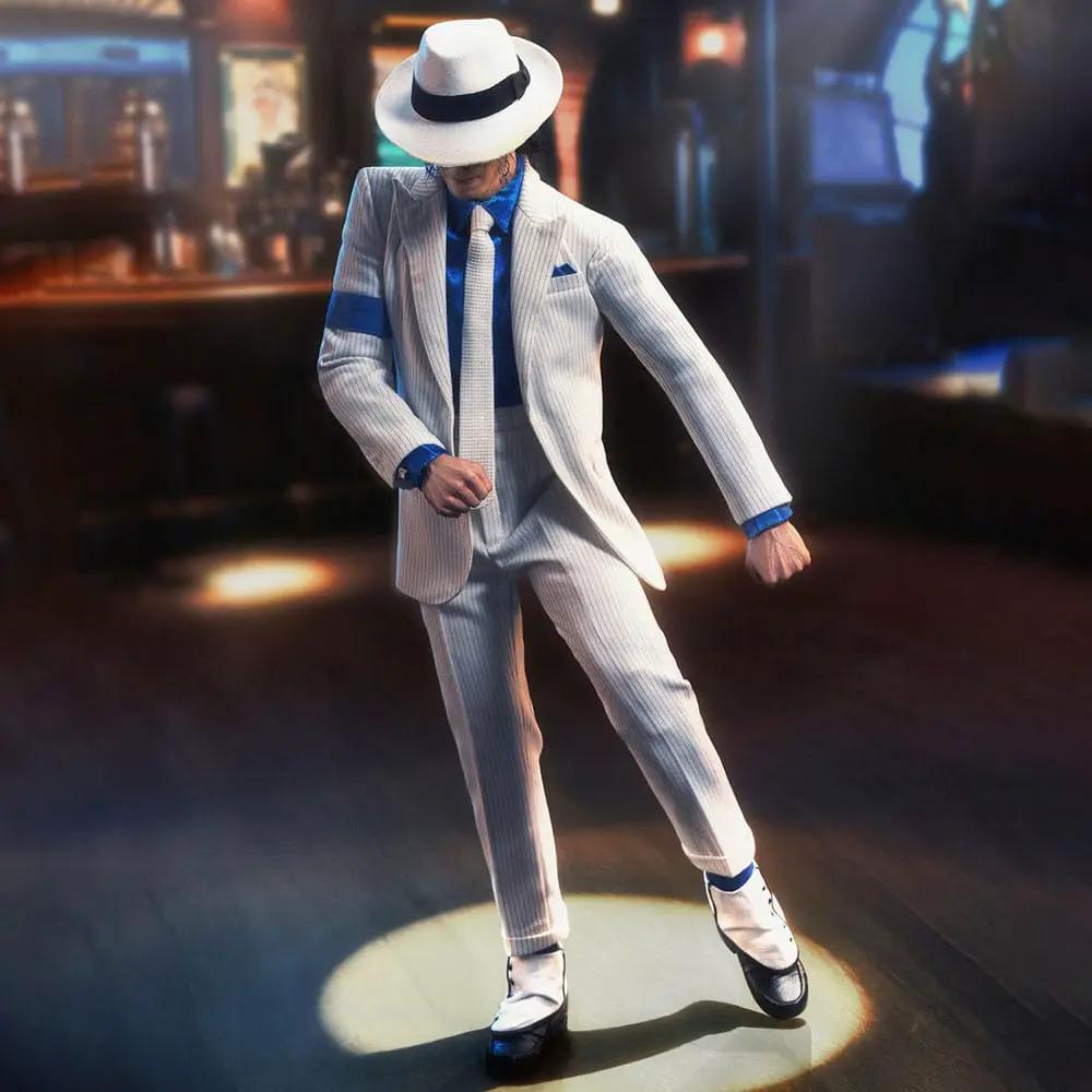 Michael Jackson 1/6 Deluxe Smooth Criminal action figure by DAMTOYS in white pinstripe suit with hat
