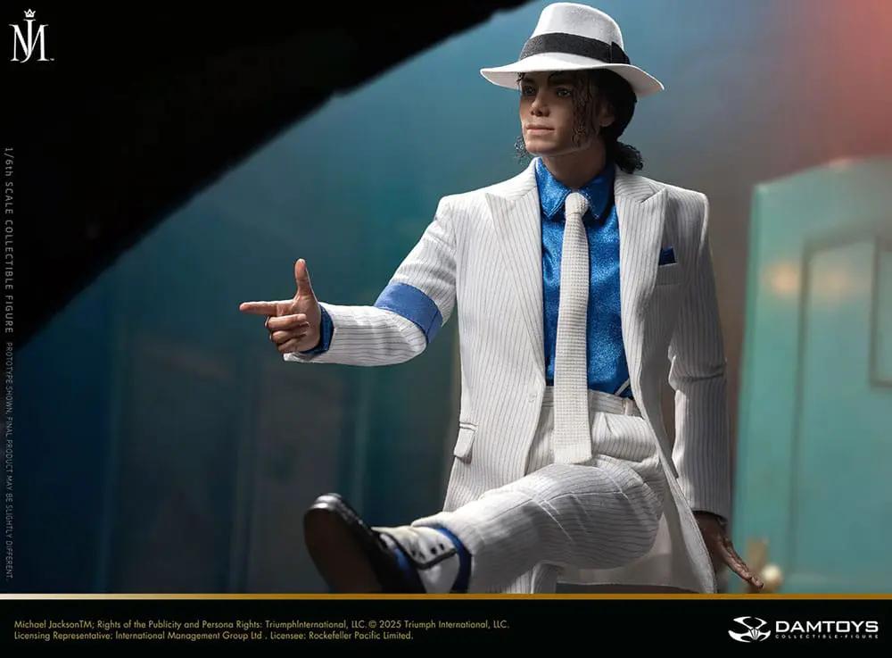 Michael Jackson 1/6 scale action figure in white pinstripe suit with blue shirt and white tie, fedora hat, DAMTOYS 30 cm