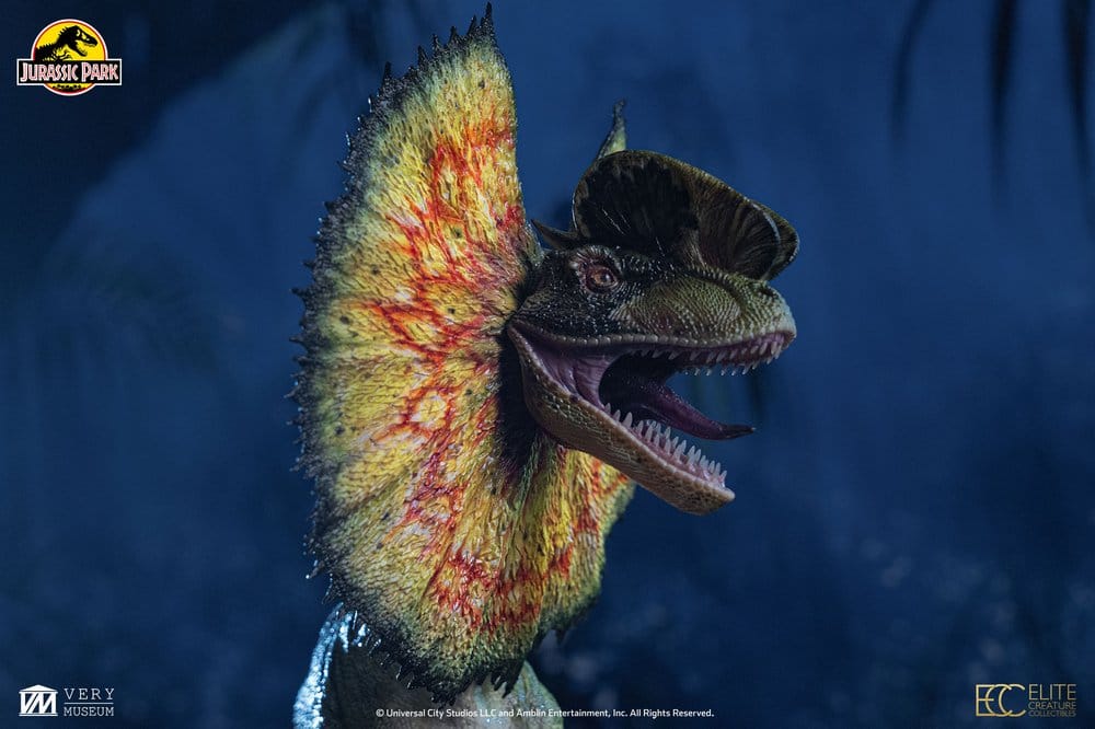 Parque Jurásico Maquette 1/3 Dilophosaurus, 62 cm, figura Elite Creature Collectibles; colores amarillo/naranja.
