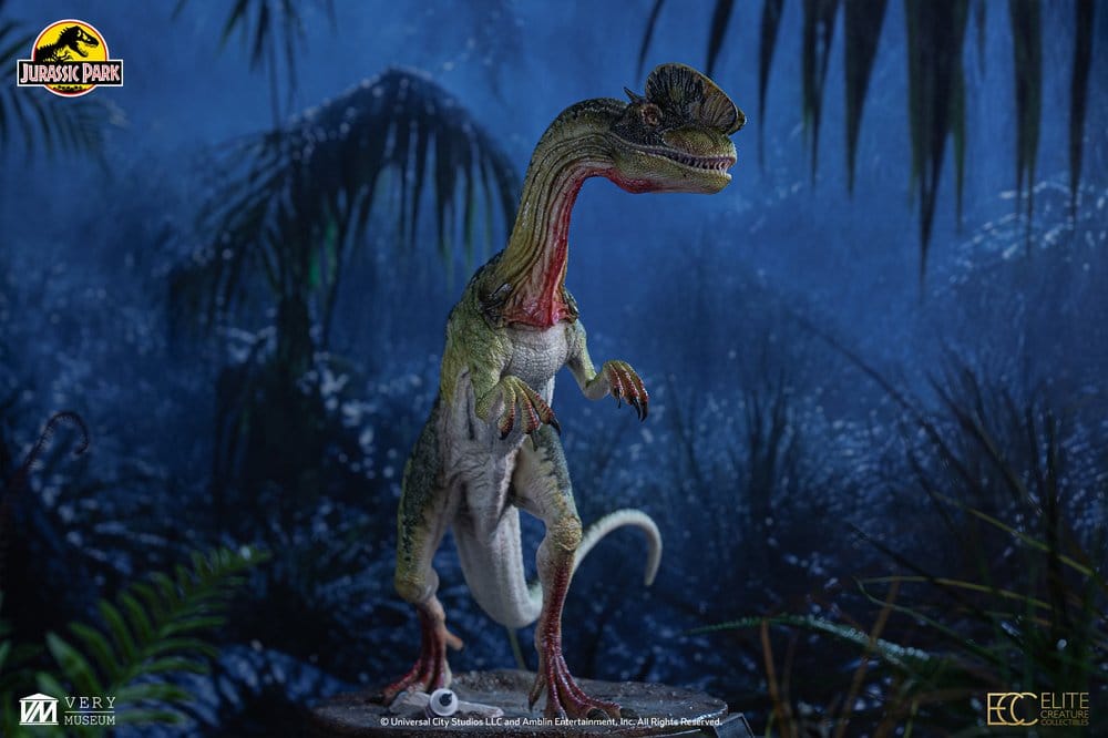 Maqueta Dilophosaurus 1/3 Parque Jurásico, verde con detalles rojos, Elite Creature Collectibles, 62 cm.