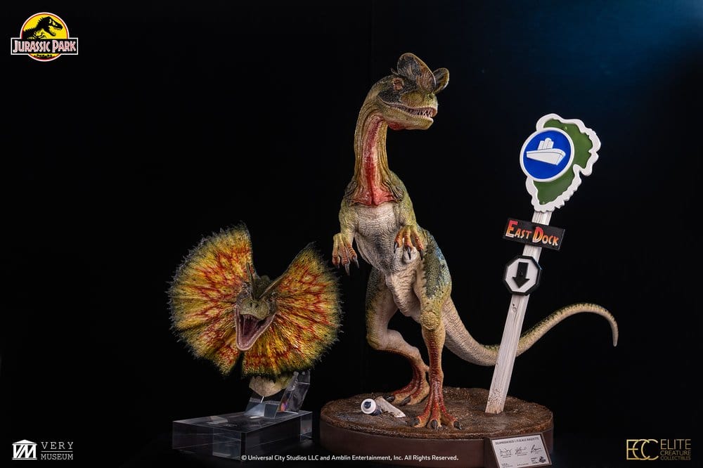 Parque Jurásico Maqueta Dilophosaurus 62 cm con 2 figuras de dinosaurio, base incluida, ELITE CREATURE COLLECTIBLES