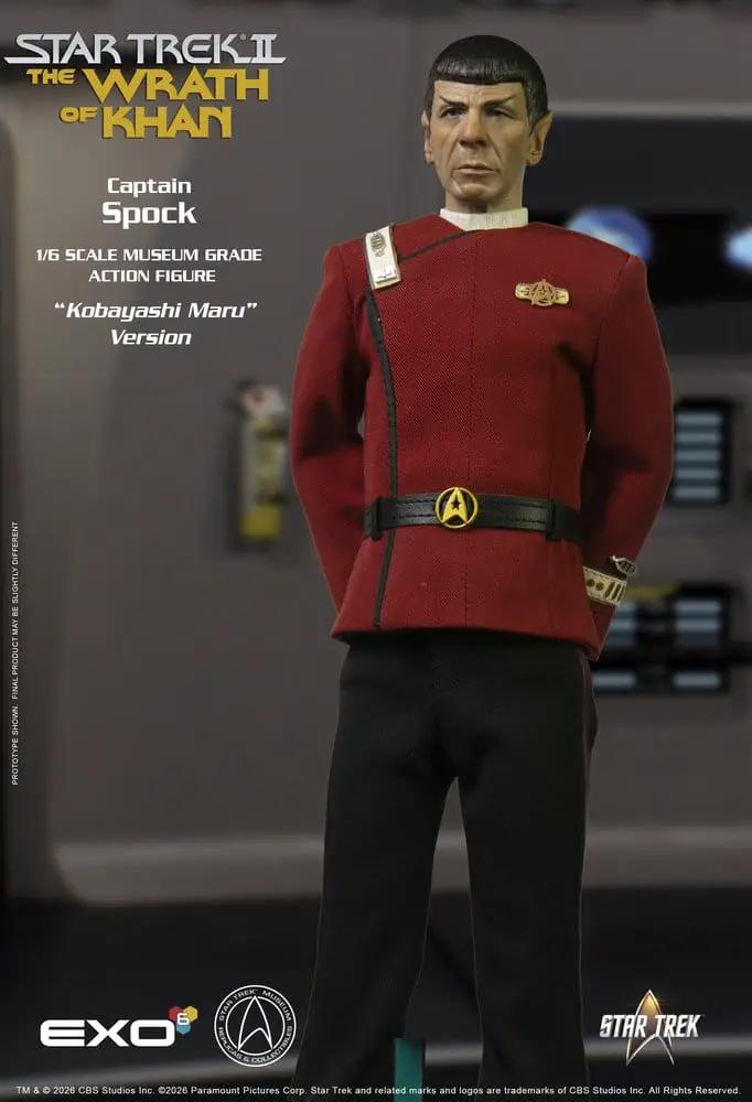 EXO-6 Star Trek Captain Spock Kobayashi Maru Version 1/6 scale action figure in red uniform.