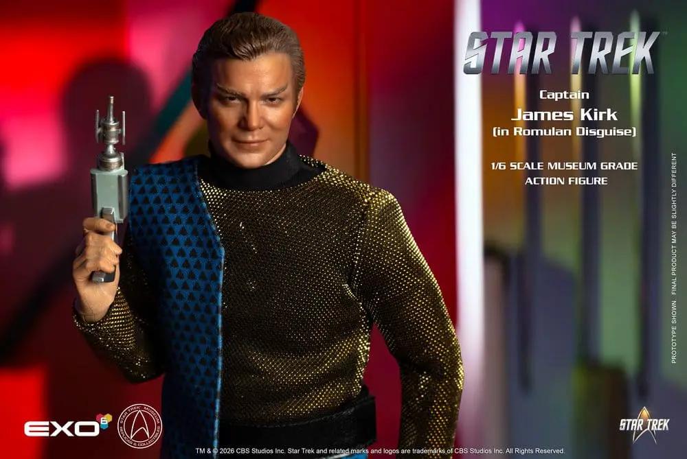 EXO-6 Star Trek 1/6 Captain James T. Kirk Romulan Disguise action figure, gold metallic top with blue sash, 29 cm