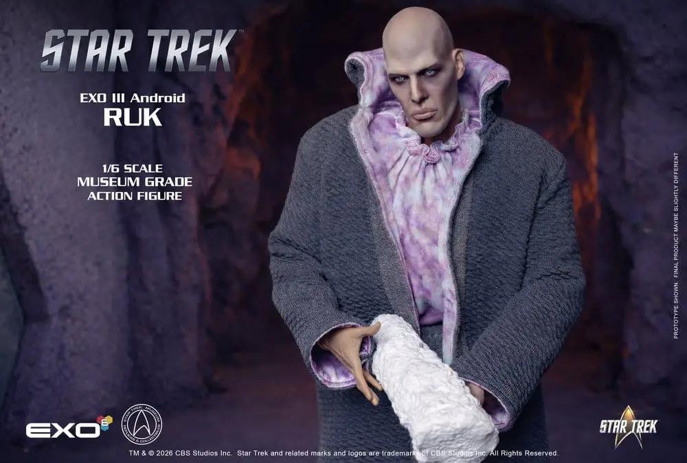 EXO-6 Star Trek Ruk 1/6 scale action figure, gray textured coat with purple hoodie