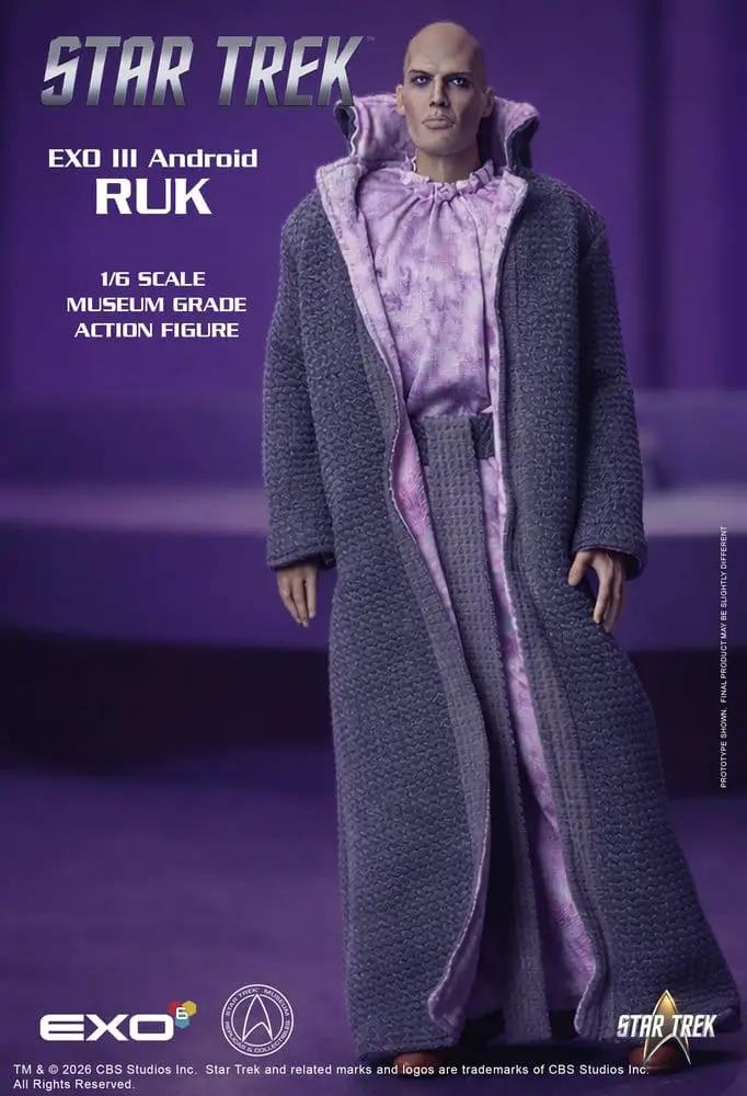 Ruk Android action figure from Star Trek by EXO-6, 1/6 scale, gray textured coat over lavender suit.