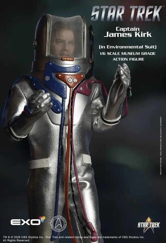 Captain James Kirk 1/6 environmental suit action figure by EXO-6; metallic silver suit with colored cords.