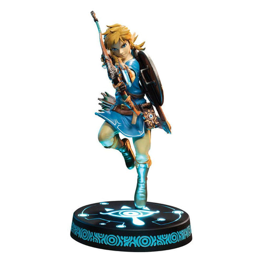 Link PVC statue from FIRST 4 FIGURES, Breath of the Wild, 25 cm, blue tunic with shield and bow, glowing base.