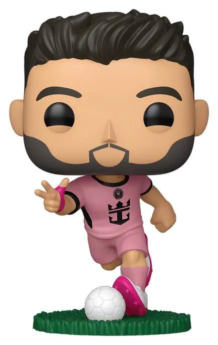 Funko Pop Inter Miami Luis Suárez action figure in pink kit with soccer ball on grass base
