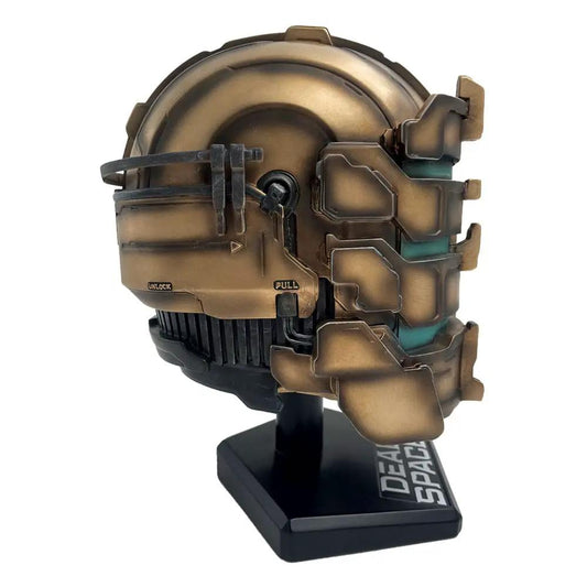 Dead Space Isaac helmet replica collectible in copper-bronze finish on display stand