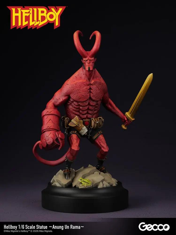 Hellboy PVC 1/6 scale action figure by Gecco; red demon with yellow sword on rocky base.