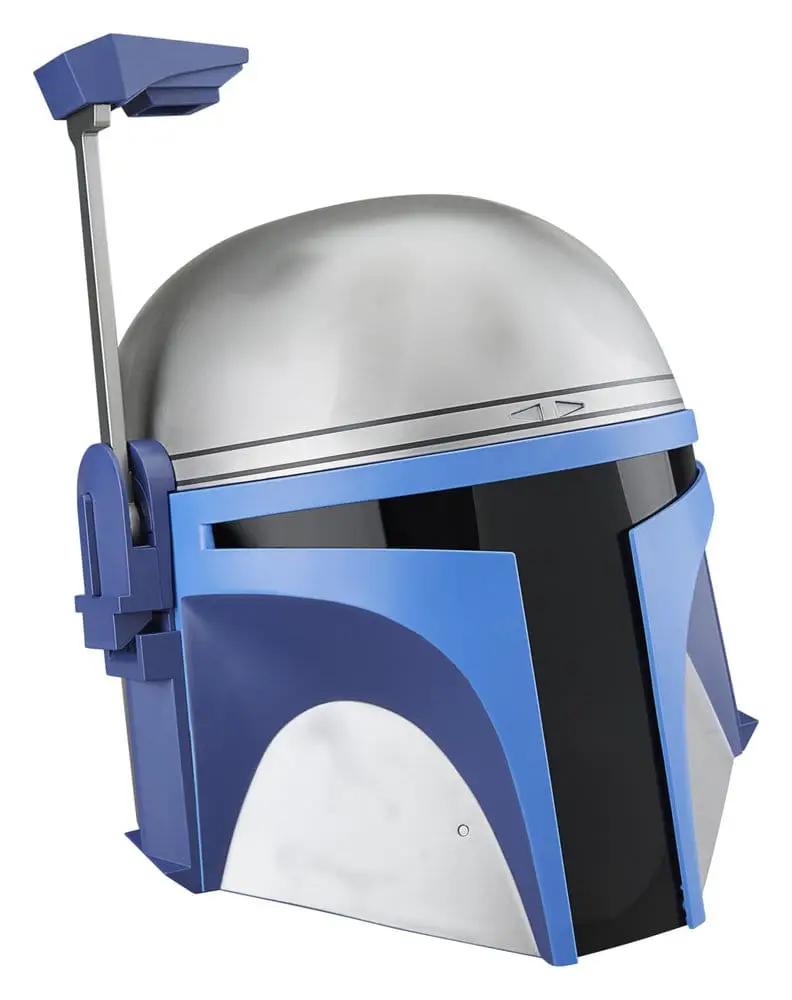 Casco electrónico Jango Fett, Star Wars Black Series de Hasbro; plateado con visor negro y detalles azules, con antena de rango desplegable