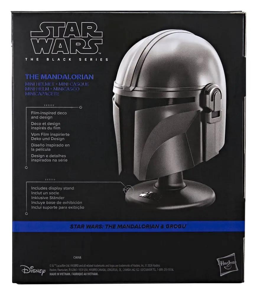 Star Wars The Mandalorian Black Series mini helmet by Hasbro on display stand