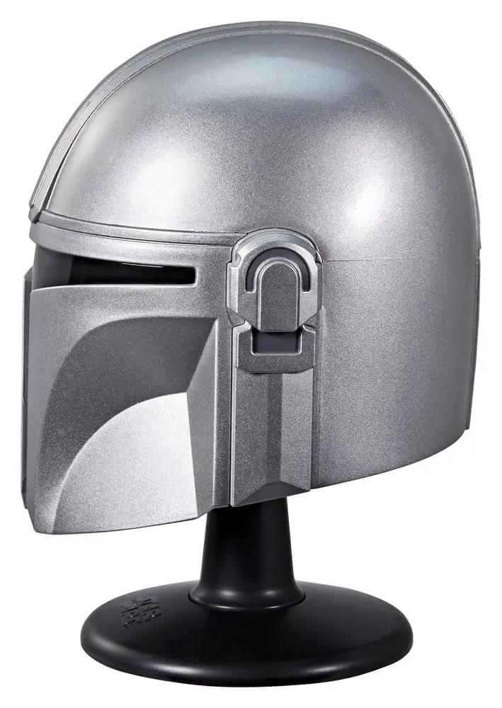 Star Wars Mandalorian Black Series Minicasco helmet by Hasbro on display stand, silver.