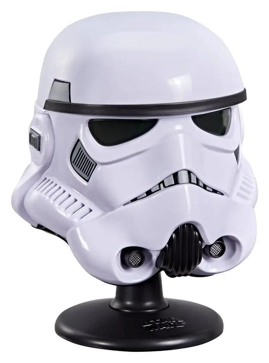 Stormtrooper helmet figure from Star Wars Episode IV Black Series on a black display stand