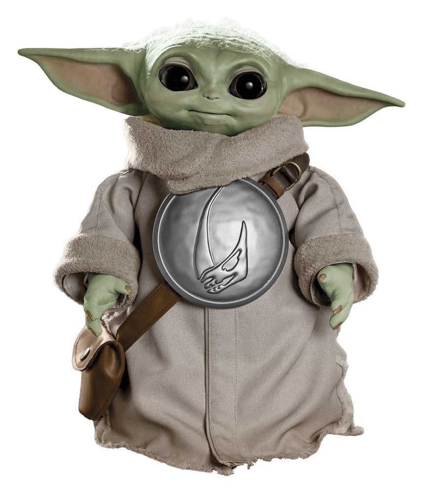 Star Wars Grogu life-size animatronic figure, 37 cm, wearing beige robe with silver circular emblem and brown satchel.