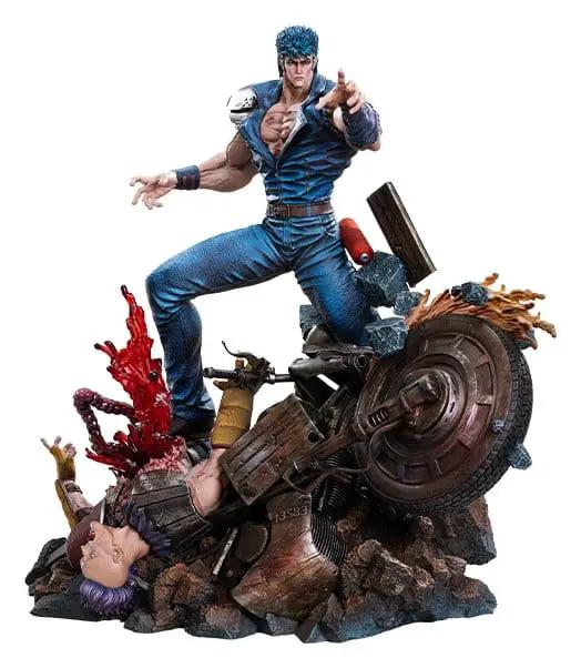 Fist of the North Star Kenshiro 1/6 statue by HEX COLLECTIBLES, 43 cm, blue outfit atop a wrecked motorcycle.