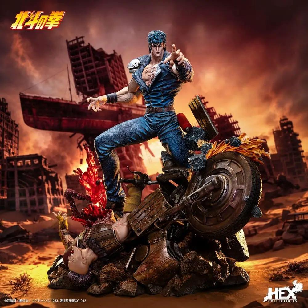 Estatua 1/6 Kenshiro, Fist of the North Star, por HEX Collectibles, 43 cm, diorama con escombros y rueda de motocicleta.