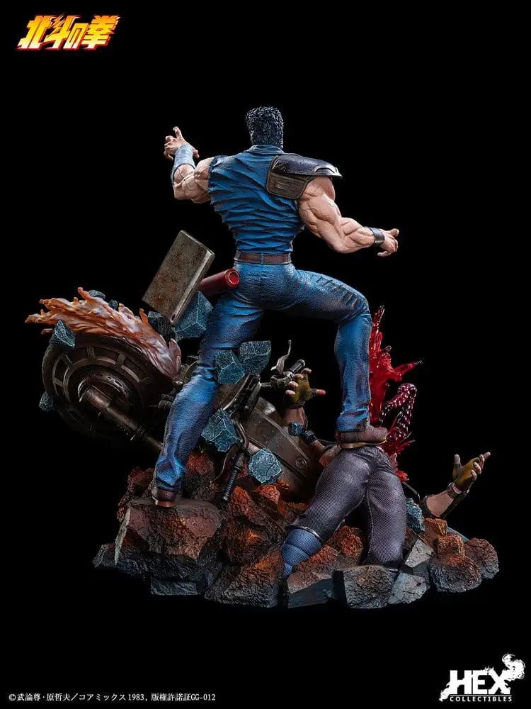 Fist of the North Star Kenshiro 1/6 statue 43 cm by HEX Collectibles, blue denim outfit, battle diorama with rubble.