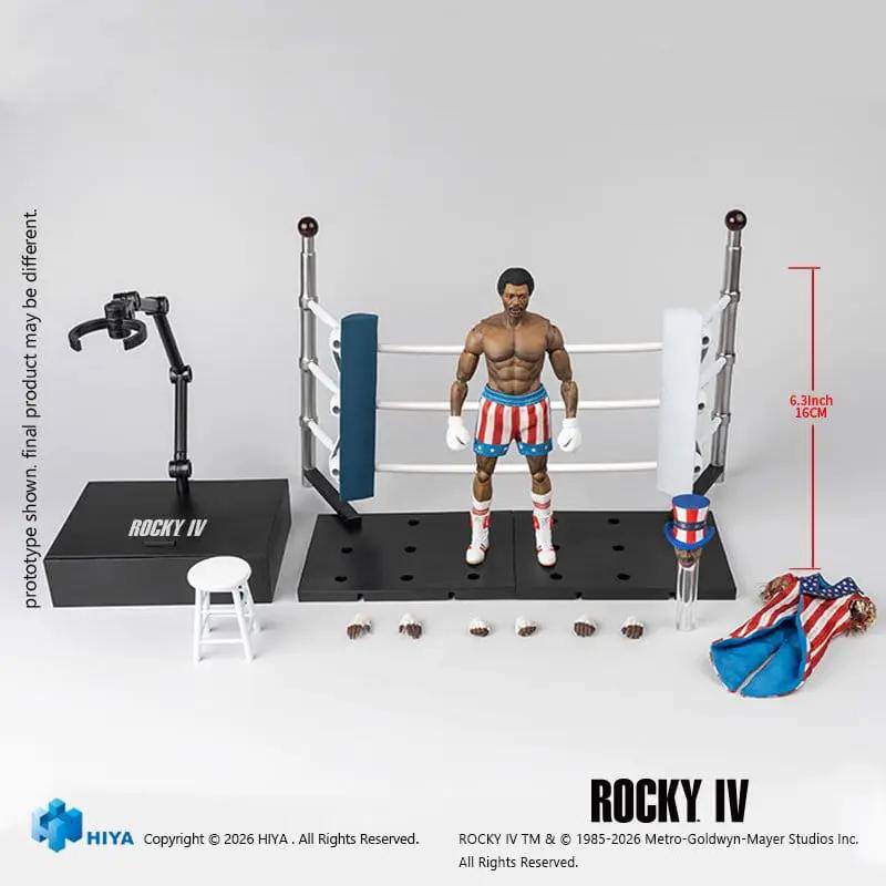 Apollo Creed 1/12 action figure by Hiya Toys in Rocky IV boxing ring diorama, 16 cm tall