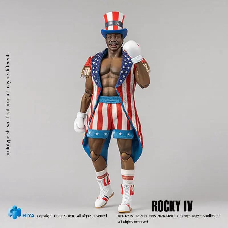 Apollo Creed action figure by HIYA TOYS, Rocky IV Exquisite Super Series, 1/12 scale in red, white and blue boxing outfit.