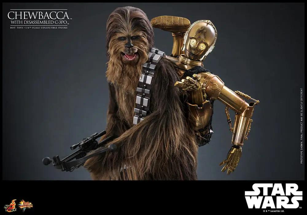 Star Wars 1/6 Chewbacca with disassembled C-3PO collectible figures by HOT TOYS, brown fur and gold droid, two figures.
