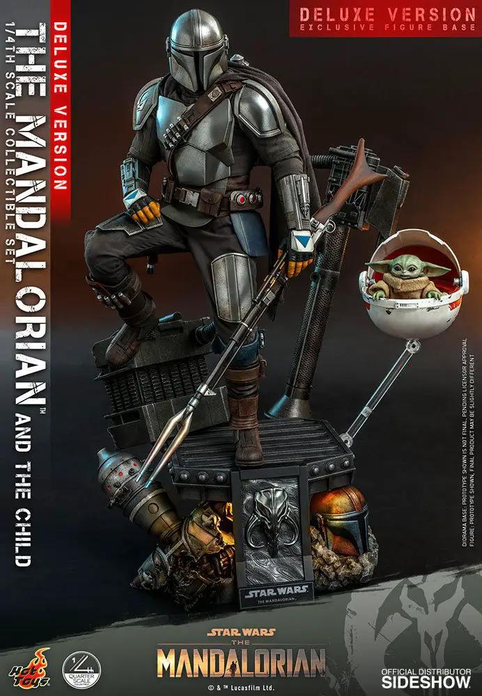 Hot Toys Star Wars The Mandalorian and The Child deluxe 1/4-scale figures with Mando and Grogu on a display base.