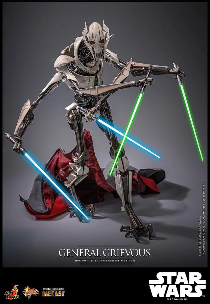 General Grievous action figure by HOT TOYS, 1/6 scale Movie Masterpiece diecast, 42 cm, blue and green lightsabers