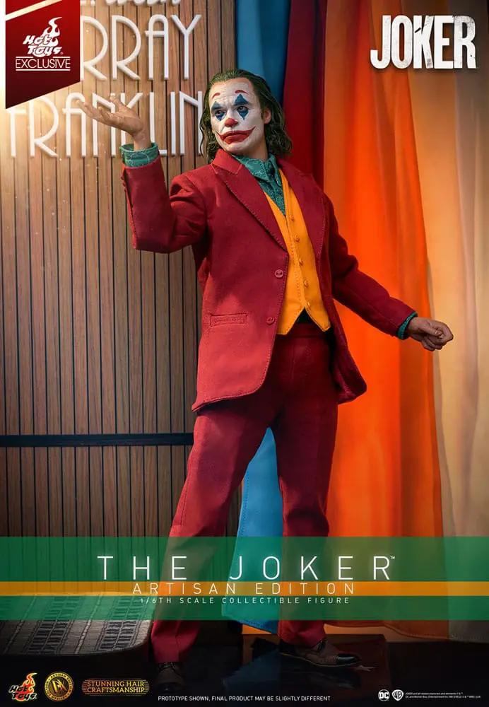 Joker Artisan Edition 1/6 action figure by HOT TOYS, The Joker wears a red suit with orange vest and teal shirt.
