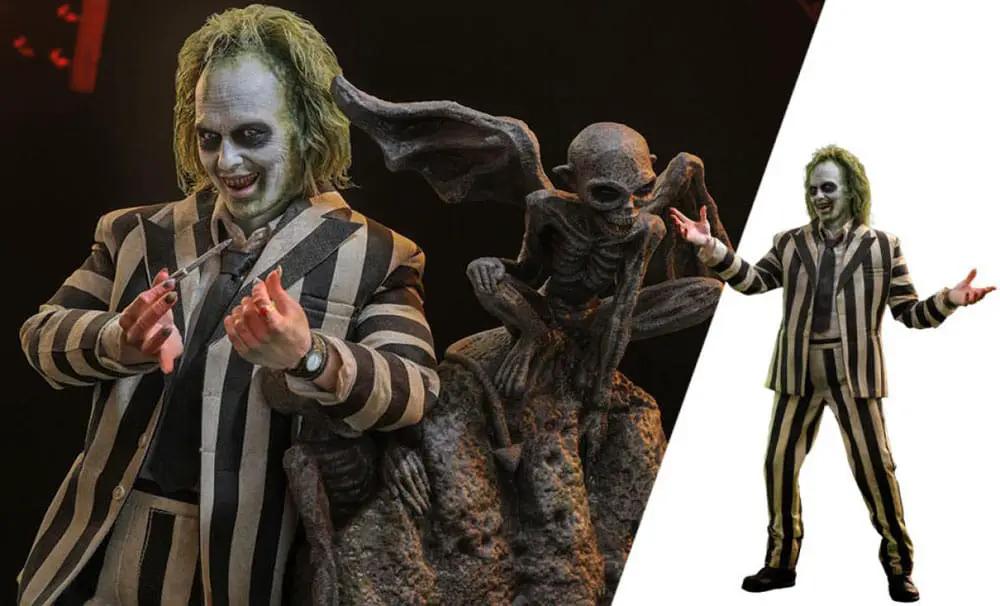 Beetlejuice 1/6 figure by HOT TOYS, 30 cm, striped suit, pale makeup; two figures with skeletal prop
