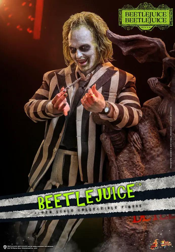 Beetlejuice 1/6 scale figure by Hot Toys in striped suit with pale makeup and green hair; Beetlejuice logo visible.